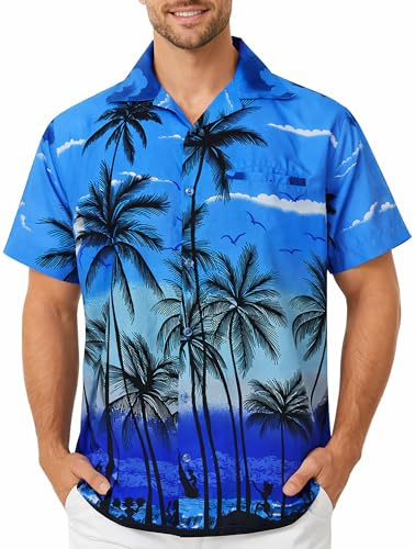 King Kameha Hawaiihemd Herren Kurzarm - Grünes Hawaii Hemd Männer Strand - Hemd Herren Kurzarm Hawaii Outfit - Hawaiian Shirts for Men - Beach, Monoblue, 10XL