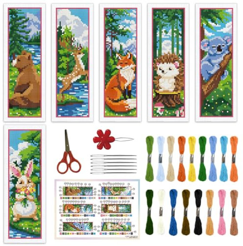 ORIGACH 6 Set Waldtieren Lesezeichen Kreuzstich Kits Mit Anleitung Vorgedruckt Lesezeichen Kreuzstich Set für Erwachsene, 20x6 cm