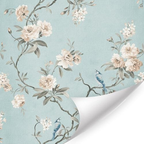 ANHUIB Weiß Blumen Tapeten(44x300)Florale Vögel Tapete Selbstklebende Fototapete Wandpapier Blume Klebefolie Wasserdicht Vinyl Schränke Möbelfolie Vintage Wandtapete für Schlafzimmer Wohnzimmer Küche