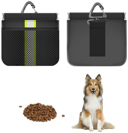 MSLSOZ Kleine Leckerli-Tasche für Hunde, schwarze Tasche im Taschenformat, wasserdicht, mit Karabiner, automatischer Verschluss, geeignet für Hunde zum Spazierengehen, Reisen, Trainieren oder für den