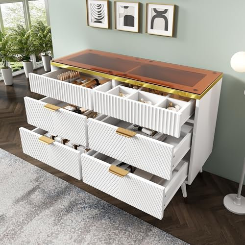 FEZTOY Kommode Sideboard aus Bernstein Glas, Kommode mit 6 Schubladen, Facheinteilung, Kippsicher, Hochschrank für Schlafzimmer und alle Wohnräume, 120x40x76 cm, Weiß