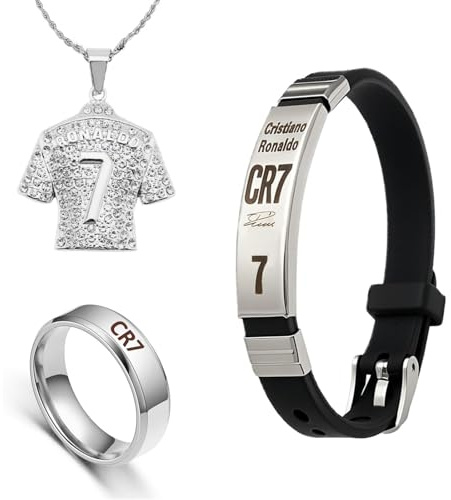Scinzene Fußball Accessoire Set - CR 7 Ring, Trikot Anhänger Halskette und Armband für Fans - Sportlicher Schmuck für Spieler und Anhänger
