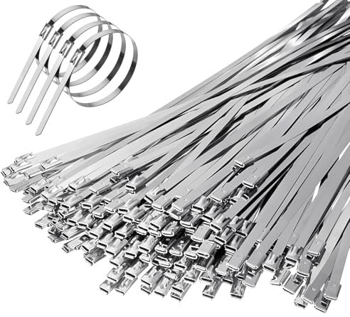 HOTUT Metal Cable Ties,200pcs 4.6×300mm 304 Stainless Steel Zip Ties,Heavy Duty Strong Metal Premium Self Locking Wrap for Exhaust Wrapping,Binding Tie,Garden Repair,Fixed Fence