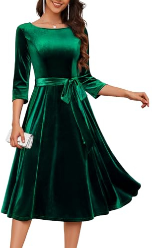 DRESSTELLS Dark Green Velvet Dress for Women, Christmas Holiday Cocktail Wedding Guest Dresses with Long Sleeves, 2025 Winter Formal Evening Party Emerald Green Plus Size 2XL