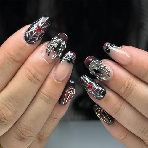 GlamRays 24 Stück Halloween Kurze Coffin Press On Nägel French Tip Spider Web Strass Vollabdeckung Wiederverwendbar Für Frauen