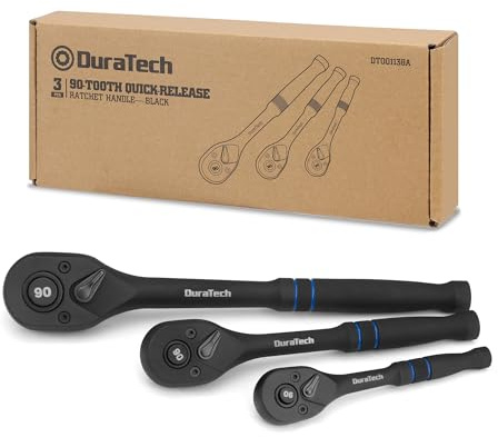 DURATECH 3-Piece Drive Ratchet, 1/4, 3/8, 1/2 90-Tooth Quick-Release Ratchet Wrench, Reversible, Cr-V Made, 4° Swing, Manganese Phosphate Black Finish, Gifts for Men Gifts for Women