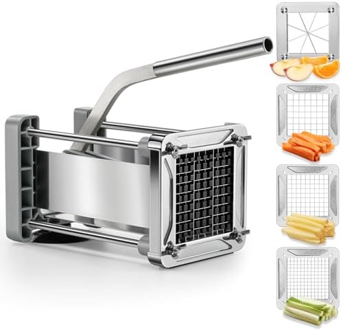 Sopito Pommesschneider 4 in1, Edelstahl Kartoffelschneider | 4 in1 Edelstahl 12mm, 9mm, 6mm und Keilklinge Klinge, Aluminiumlegierung, Pommes und Würfel, für Heißluftfritteuse