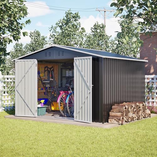 FammyLoft Gartenhaus Metall mit Klapptür, 300x252x191cm, Garten Geräteschuppen Metall für Outdoor Terrasse, Gerätehaus, Gartenschrank Wasserdicht, Schwarz