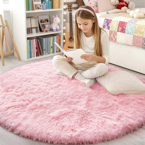 smiry Tappeto a pelo lungo, morbido, lavabile, antiscivolo, moderno, morbido, per corridoio, soggiorno, cameretta dei bambini, camera da letto, rosa, 120 x 120 cm, rotondo