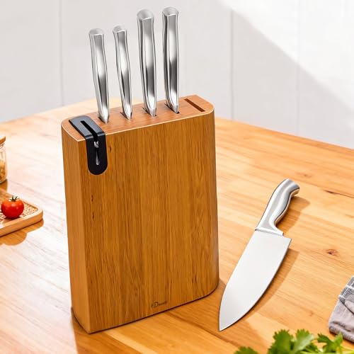 Dmore Messerblock mit Messer, 6-Teilig Küchenmesser Set mit Block und Schleifer, Premium-Edelstahl-Messerset durch einzigartig gestalteten Holz-Messerblock, ultrascharfe Messer mit ergonomischem Griff