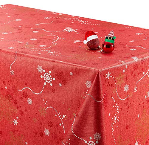 KP Home, rote Tischdecke Merry Christmas, Weihnachtsmuster, abwischbar, Vinyl PVC plastik, Rot, Weiß, Gold, 200 x 140 cm