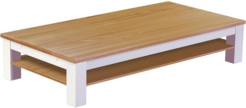 Brasilmöbel Couchtisch Rio Classico 200x100 cm Eiche Natur Weiss mit Ablage Wohnzimmertisch Holz Tisch Pinie Massivholz Stubentisch Beistelltisch Echtholz Größe und Farbe wählbar