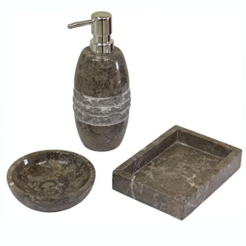 Badezimmergarnitur Seifenschalen Set Seifenspender Mamor Stein Bad Deko Naturstein Steinseifenspender Schwarz Natur poliert 3er Set Nr. 3