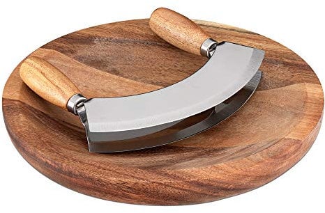 Navaris Kräuterbrett mit Mezzaluna Wiegemesser Kräuter - 17x13,5cm Kräutermesser Biegemesser aus Edelstahl - Wiegemesser mit Brett aus Akazienholz - Doppelklinge