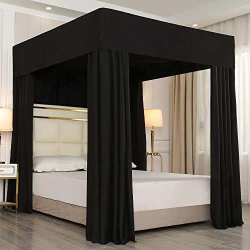 Mengersi Schwarz Vier Eckpfosten Bett Himmel Bett Vorhänge Sheer Canopy Schlafzimmer Dekoration Lichtdicht Winddicht (Doppelbett, Schwarz)