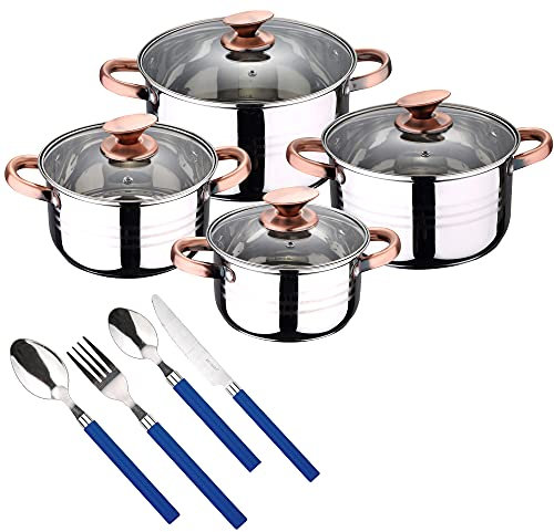 San Ignacio Bateria de cocina 8 piezas apta para induccion Altea en acero inoxidable con cuberteria de 24 piezas en acero inoxidable en color azul, PK3234