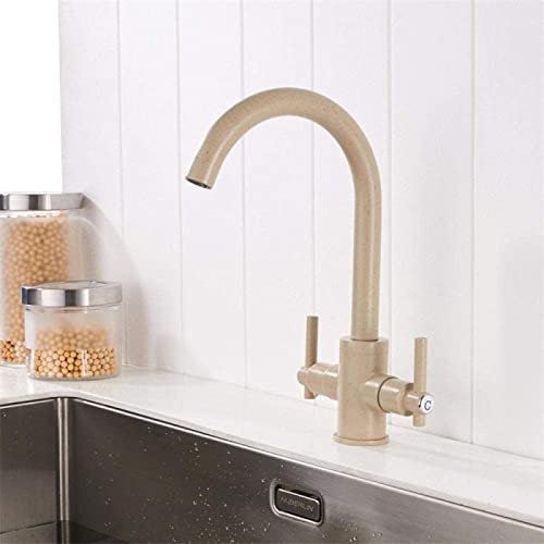 ZJYWMM Weiße Farbe Küchenarmaturen Doppelhände Runde Waschbecken Wand-in Wasserhähne Doppelloch Mix Wasserhahn-Beige
