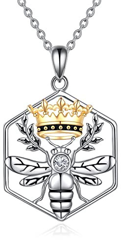 YAFEINI Bee Necklace Queen Bee Pendant Honeycomb 925 Sterling Silver Crown Jewellery Gifts for Women Girls (Queen Bee Necklace)