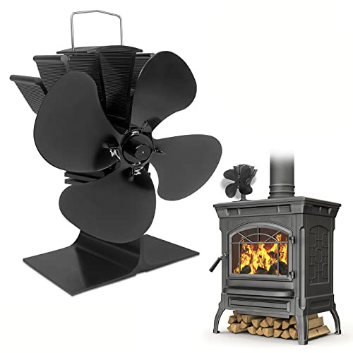 YUENFONG Kaminventilator Ofenventilator ohne strom, Kaminlüfter mit 4 Blättern Heizbetriebener Lüfter, Kaminbesteck Stromloser, Öfen Strom Ventilator für Holzofen, Kamin, Schwarz