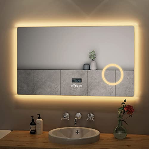 S'AFIELINA Badspiegel mit Beleuchtung 100x60cm Spiegel mit beleuchtung mit Touch, Beschlagfrei, Uhr, Bluetooth, 3000K/4000K/6500K, Dimmbar, 3X Kosmetikspiegel, Energiesparend IP44 Einfach Installation