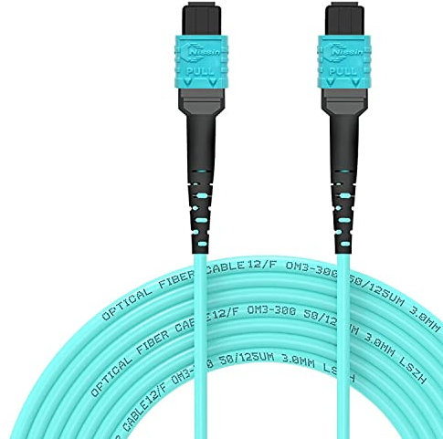 EMSECKO MPO zu MPO Glasfaserkabel 1M, 12 Adern LWL, Buchse Typ B, OM3 Multimode Patchkabel, LSZH MPO-MPO Patch Cord für QSFP+ Transceiver MTP kompatibles Verkabelungssystem, Aqua