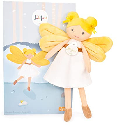 Jolijou - Poupée Fée de la Forêt en Tissu - Aurore - Boite Cadeau - 25 Cm - Doudou Blanc et Jaune - Développement de l'Imagination - Idée Cadeau de Naissance Fille - JJ6032