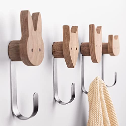 Kleiderhaken für Kinder aus Holz in Tierformen, Wandhaken, Garderobenhaken, Garderobe, Kinderzimmer, Tiere, Hund, Katze, Fuchs, Hase, Deko (Walnuss inkl. 4 Metallhaken)