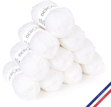 Bergère de France - BARISIENNE 7, Wolle set zum stricken und häkeln (10 x 50 g) - 100% Acryl - 6,5 mm - Weicher dicker runder Faden - Weiß (BLANC NEIGE)