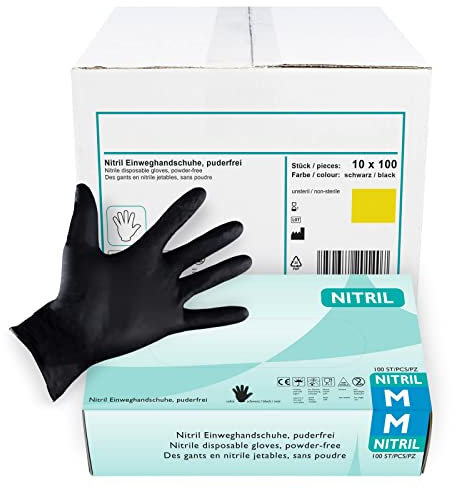 Nitrilhandschuhe 1000 Stück, schwarz in M I Puderfreie Einmalhandschuhe I Geeignet für Lebensmittelbereich, Kosmetik & als medizinische Untersuchungshandschuhe I Robuste Einweghandschuhe…