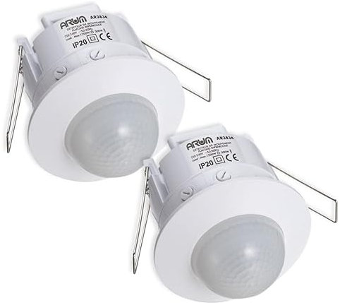 ARUM® 2 Détecteur de Mouvement Encastrable Plafond Infrarouge Intérieur Blanc pour Éclairage - Distance Détection 12 m en Champ Libre - Angle 360° - IP20