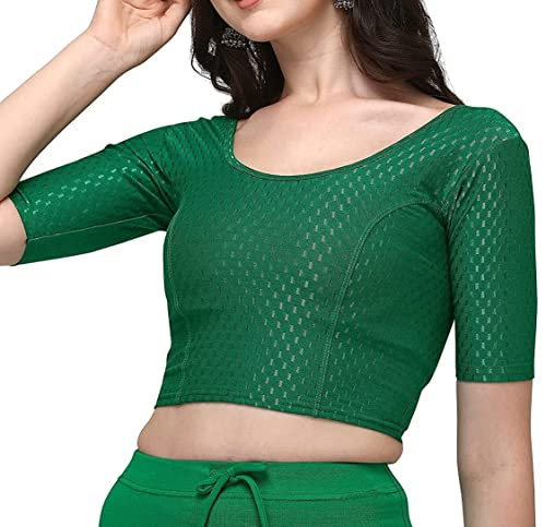 TFGO Chemisier à col rond en coton Lycra extensible avec manches coudes pour femme, vert bouteille, XXL