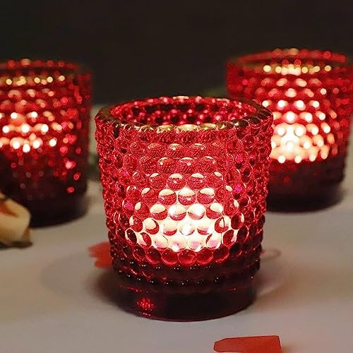 Juego de 12 portavelas votivas Rojas para Mesa, portavelas de té en Paquete Grande con Borde Dorado, portavelas de Cristal para decoración de Navidad, Vacaciones y Citas