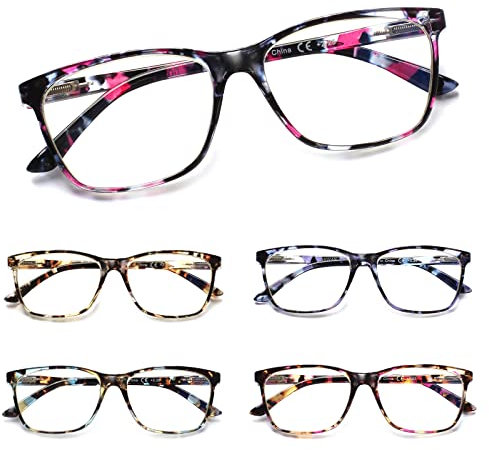 Kerecsen 5 Pack Ladies Reading Glasses Blue Light Blocking Spring Hinge Fashion Pattern Print Eyeglasses for Women (5 Pack Mix Color, 3.50, Diopter)