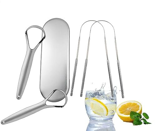 Zungenreiniger, 4Stück Zungenschaber Edelstahl Set,Mundgeruch Bekämpfen,frischer Atem in Sekunden,leicht zu reinigen,Umweltfreundlich und Praktisch