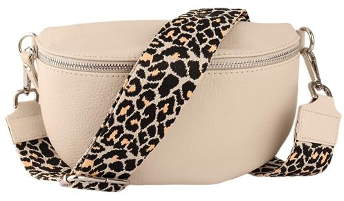 MIRROSI® Bauchtasche Damen, Echtleder, Made in Italy, Umhängetasche, Brusttasche, Crossbody Bag (1 Tasche & 2 Gurte) (Beige (Leo Beige), Mittelgroße Tasche (25x16x7cm))