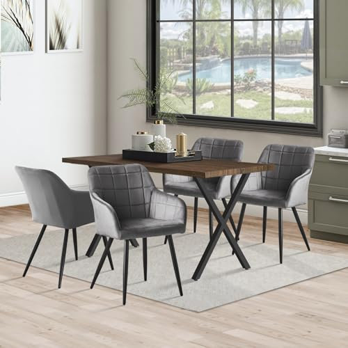 CLIPOP Essgruppen Esstisch mit 4 Samt Stühlen Set Rechteckig Küchentisch 120cm und Esszimmerstühle mit Armlehne Gepolsterter Küchensessel Tisch Stuhl,Braun Esstisch und Grau Armlehnstuhl