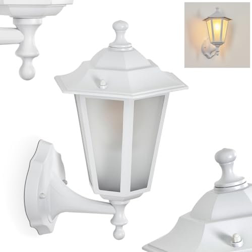 Außenwandleuchte Loria, Wandlampe aufwärts in antikem Look aus Metall/Glas in Weiß/Milchglas, Wandleuchte im Landhaus-Stil, Außenleuchte für Terrasse, E27, ohne Leuchtmittel, IP44