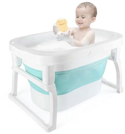 Supfine Baignoire Bébé, Baignoire Pliable avec Siège de Bain et Support Antidérapant, de la Naissance à 6 Ans, Gain de Place Portable (72 x 51 x 42 cm, Bleu)