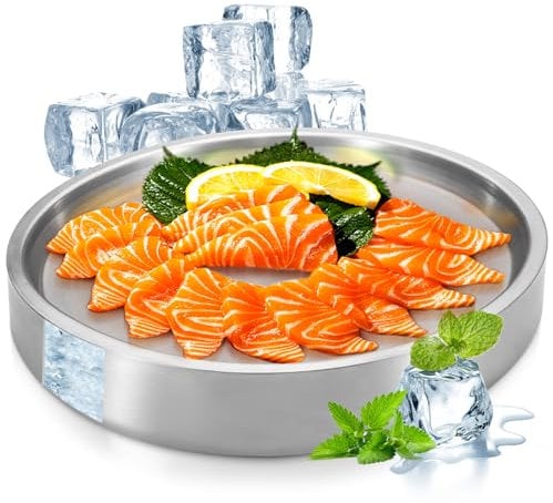 11 In Stainless Steel Chilled Serving Tray, Silver Cold Serving Tray Platter with Ice Chamber, Shrimp Cocktail Serving Dish with Ice, Chilled Serving Bowl for Party Fruit Food Buffet (28cm)