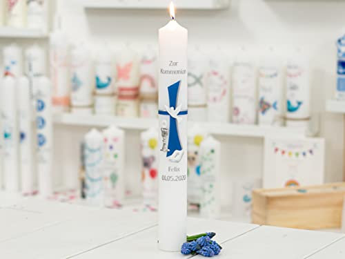 meinkerzenshop Kommunionkerze Felix personalisiert mit Name und Datum, individuell und mit Echtwachs handverziert für Junge und Mädchen