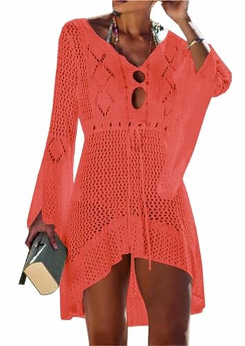 Jinsha Mujer-Vestidos Verano-Ropa Punto-para Pareos-Playeros - Baño Bikini Cover Up Sexy V Cuello Fiesta Crochet Ganchillo Tejido Kaftan Camisola de la playa Suelto Suave Cómodo Elegante Mujer(Naranja
