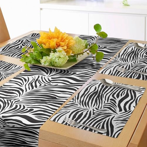 ABAKUHAUS Schwarz-Weiss Tischläufer & 4 Stück Tischsets, Wilde Zebra-Linien, Set für die Tischdekoration, 30 cm x 183 cm, Weiß Schwarz