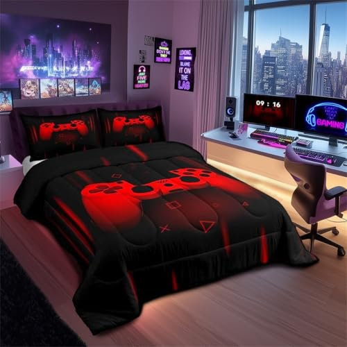 Feelyou Boys Gamer Comforter Set King Size Gaming Bedding Set Kids Video Games Comforter for Teen Child Gamer Room Decor Super Soft Red Black Bed Set Microfiber Game Geometric Duvet Quilted Gamer Gift