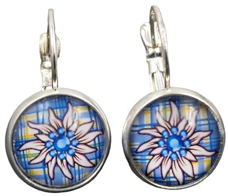 Stechschmuck Ohrringe Ohrhänger Handmade Brisuren Oktoberfest Wiesn Edelweiß Blau Kariert Karo Silber Farben Damen Kitsch Kawaii 1 Paar Größe Wählbar (Brisuren 12mm)