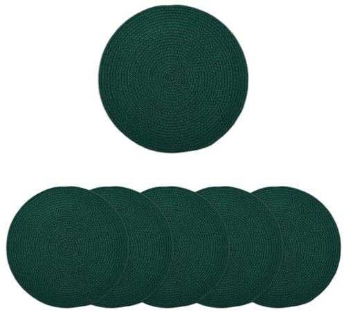 Encasa XO Tovagliette da Tavola Set di 6 | Tovagliette Rotonde in Cotone - Diametro 33 cm | Verde scuro | Stile a Coste Fatto a Mano