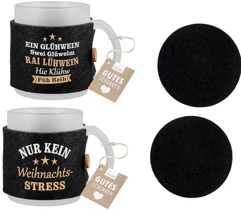 CULT at home Geschenkset - 2 große Weihnachtstassen Set Tassen Jumbo Kaffeebecher Teetasse 330 ml Weihnachtstasse satiniertes Glas mit Filzbanderole Spruch und 2 runde Filzuntesetzer - schwarz weiß