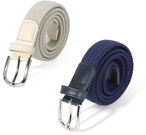 AnJuHoPa Kinder Gürtel Elastik- gürtel stretch Gürtel für Jungen Mädchen,Mehrfarbiger stoffgürtel Damen 3,0 cm breite 100 cm länge mit Metallschnalle (Weiß und marineblau)