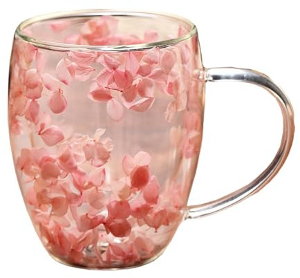 EABYMOR 350ml Double Wall Insulated Coffee Mug,Dried Flower Glass Coffee Cups,Layered Glass Beverage Cup,Espresso Cups Aesthetic for Women (Pink)