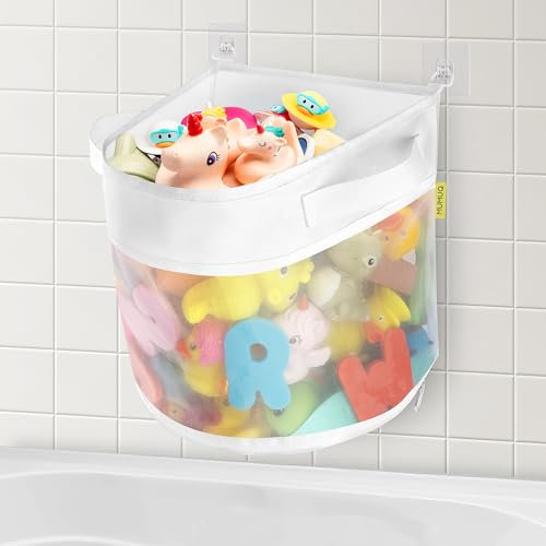 MUMUQ Bath Toy Storage Net, 15.7 L Shower Caddy, Bottom Zipper Bathtub Toy Holder Organiser Bag Basket Baby Shower Games Bath Tub Quick Dry Kids Toys Bathroom Storage Accessory White (L)