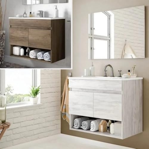 Bagno Italia Mueble de baño de 80 cm suspendido color roble blanqueado con lavabo y espejo decoración moderna muebles